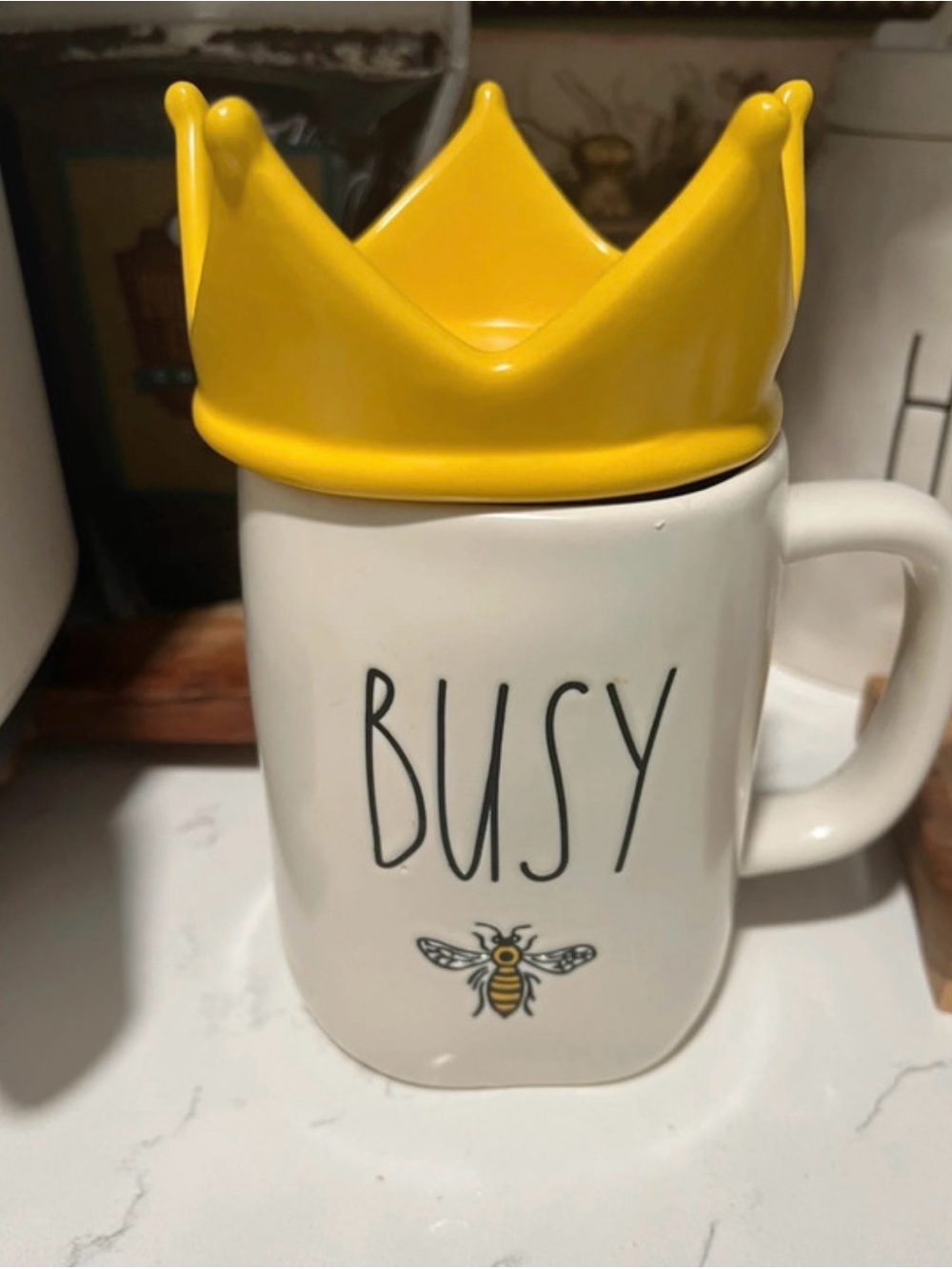 Rae Dunn Ceramic 'Busy' Bee Mug with Yellow Crown Lid